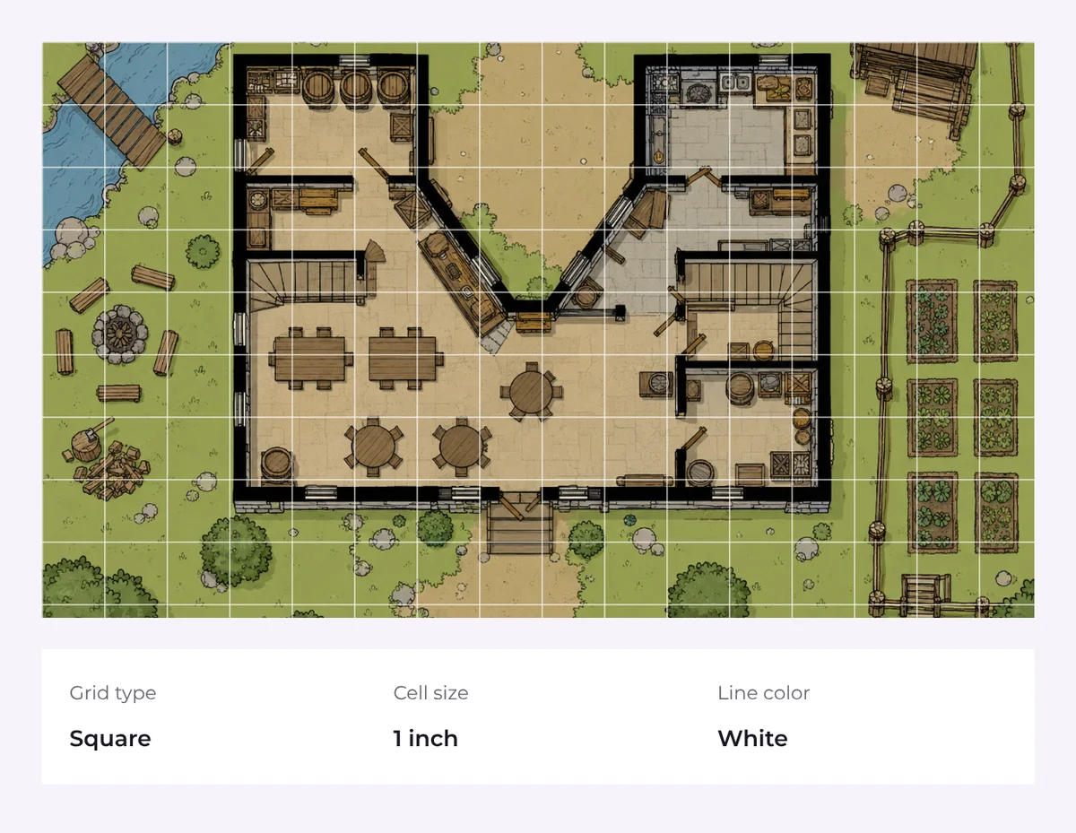 Printable tavern battle map with an adjustable white gameplay grid