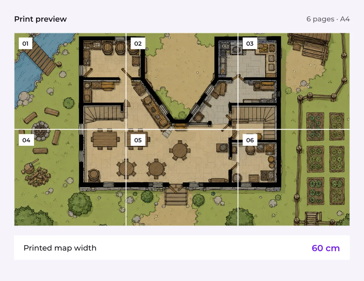 Battle map print preview split into six pages with a width control