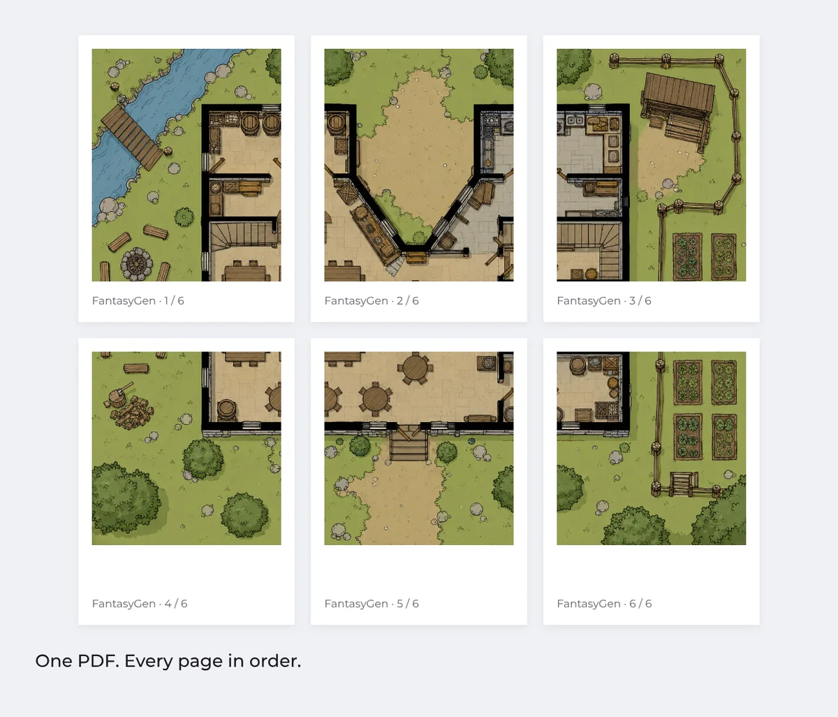 Six numbered PDF pages that assemble into one printed battle map