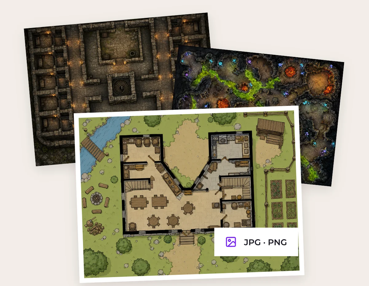 Dungeon, cavern, and tavern maps ready for tabletop printing