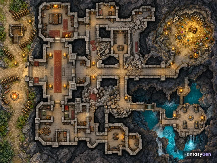 Top down view of an abandoned stone fortress with a dragon hoard, defensive perimeter, and dungeon rooms.
