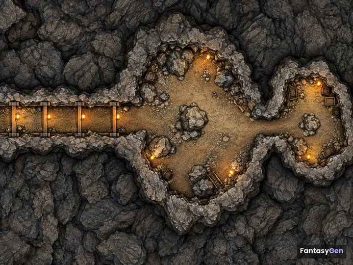 A top-down view of an abandoned mine tunnel leading to a small cavern, lit by flickering lantern light.