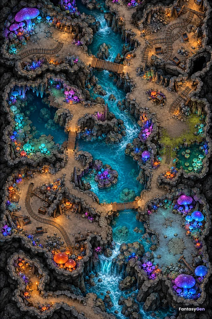Top-down view of a fantasy cave battle map with minecart tracks, a blue underground river, wooden bridges, and glowing fungi.