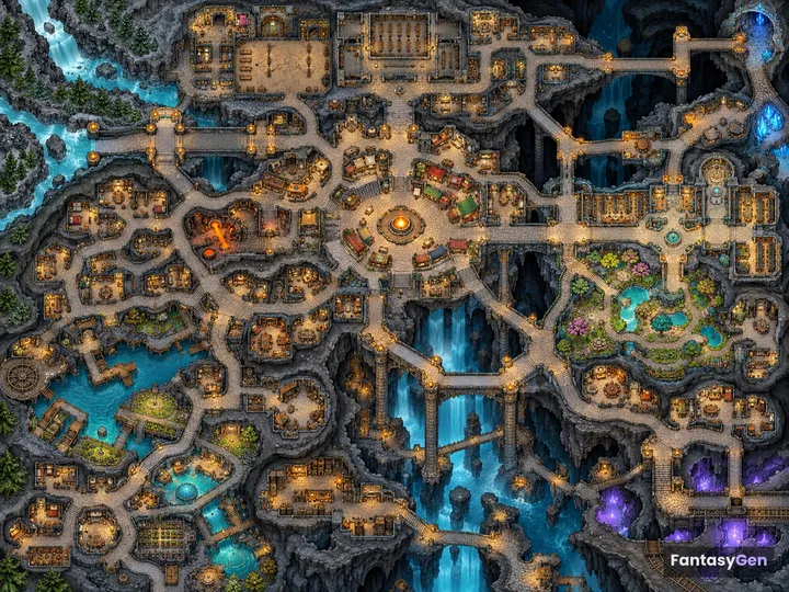 Overhead view of a vast underground city carved into caverns, featuring stone bridges, waterfalls, and glowing plazas.