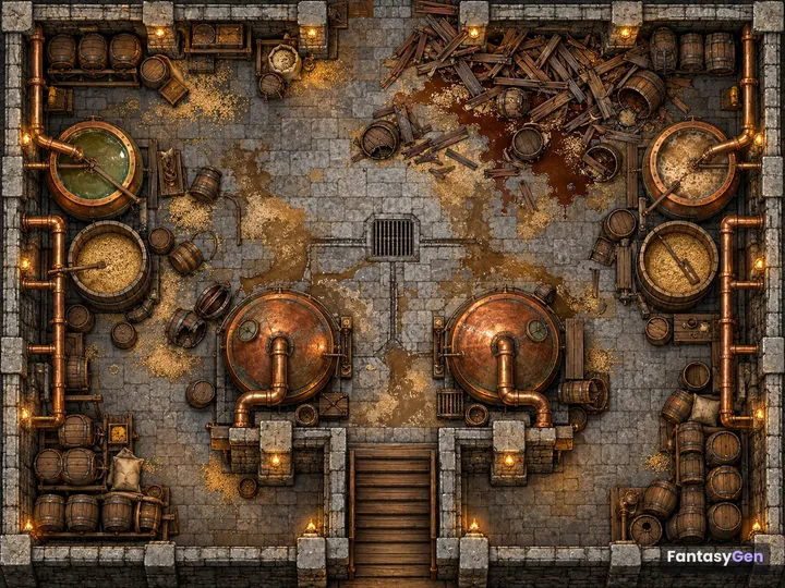 A top-down view of an abandoned brewery cellar with copper vats, barrels, and scattered wooden debris on a stone floor.